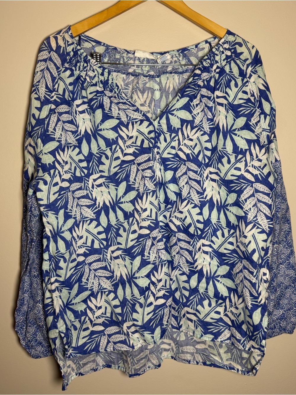 SIGRID OLSEN Linen Large Mixed Print Peasant Top Blouse long sleeve blue floral